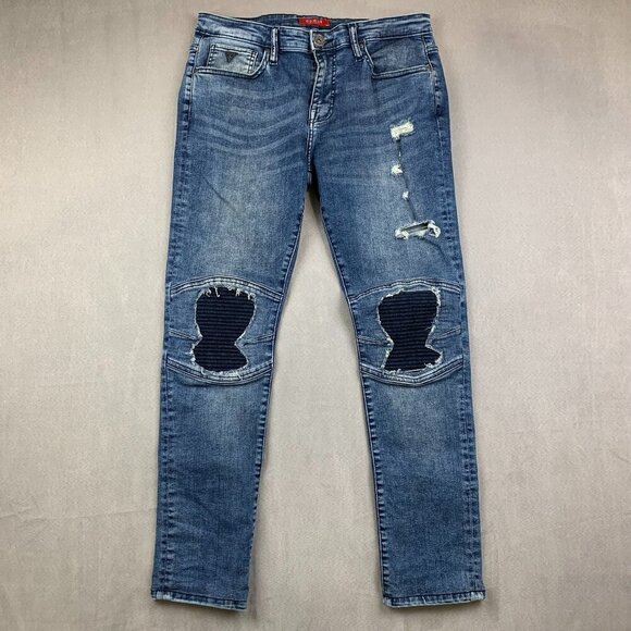 Guess Mens Pants 32 Blue Distressed Moto Jeans Slim Ripped Streetwear 32x30 - Picture 1 of 12
